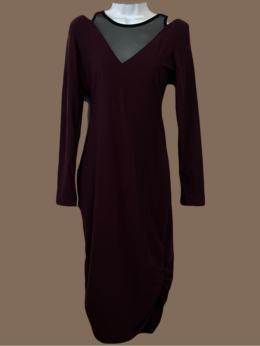 Moral Fiber Long Sleeve Burgundy Sheath Dress with Black Mesh V-Yoke